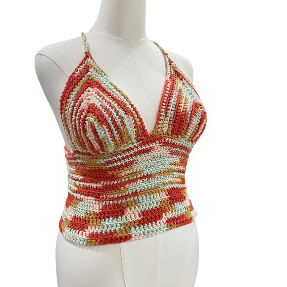 Crochet Halter Top Y2K Festival Boho Striped Knit Backless Summer Top Handmade - Picture 6 of 8